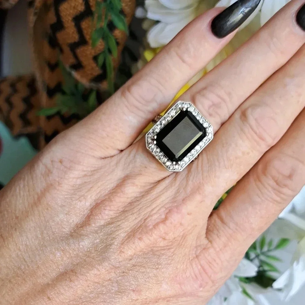 Black Tourmaline and Natural White Zircon Ring in 925 Sterling Silver